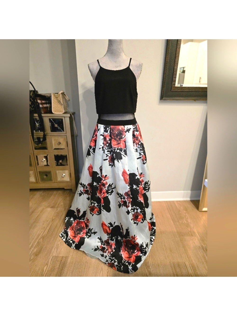 Betsey & Adam Floral Ballgown | Mesh Waist Formal Dress | Prom Gown